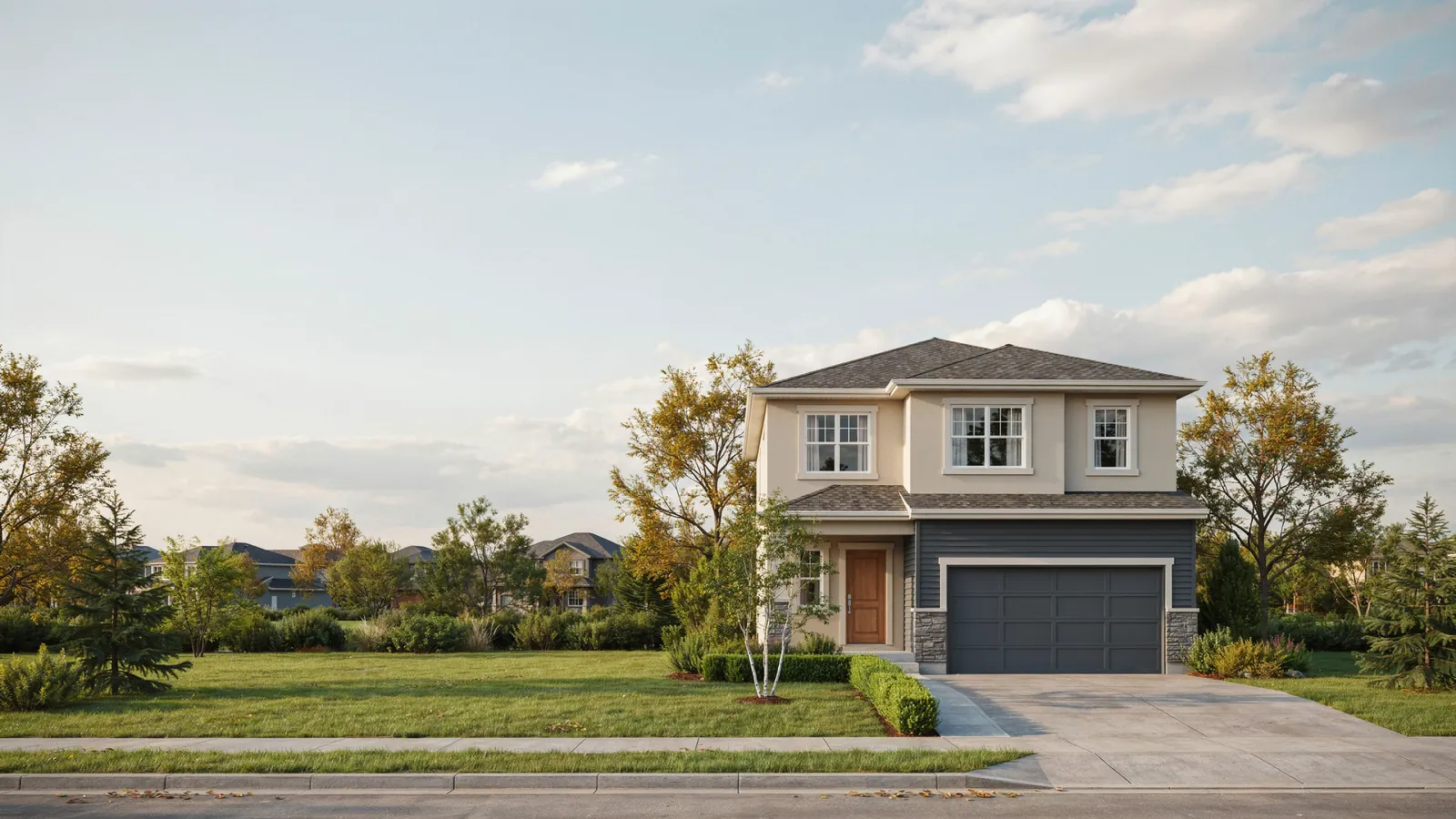 A two storey suburban house at dusk, a home whose owner is behind on mortgage payments in Medicine Hat
