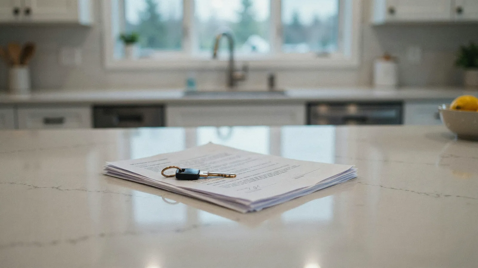 House keys resting on sale paperwork on a kitchen counter, a cash offer on a home in Medicine Hat