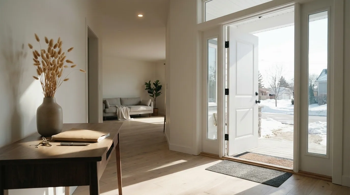 An open front door onto a bright hallway, the alternatives to foreclosure still open in Medicine Hat
