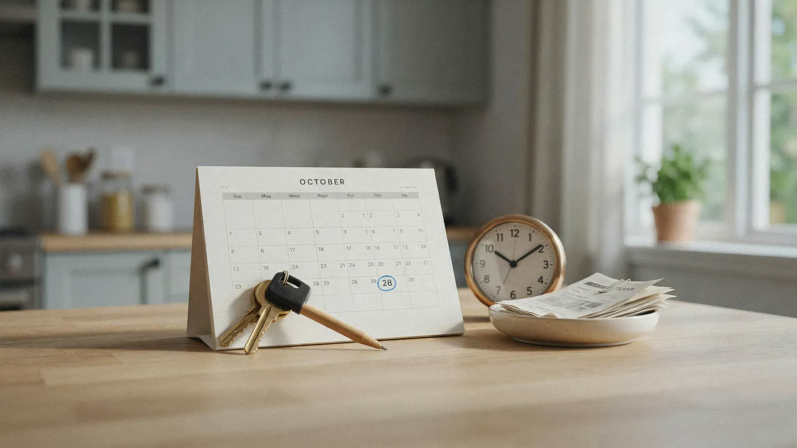 House keys resting beside a paper calendar with a date circled, marking the foreclosure timeline in Medicine Hat