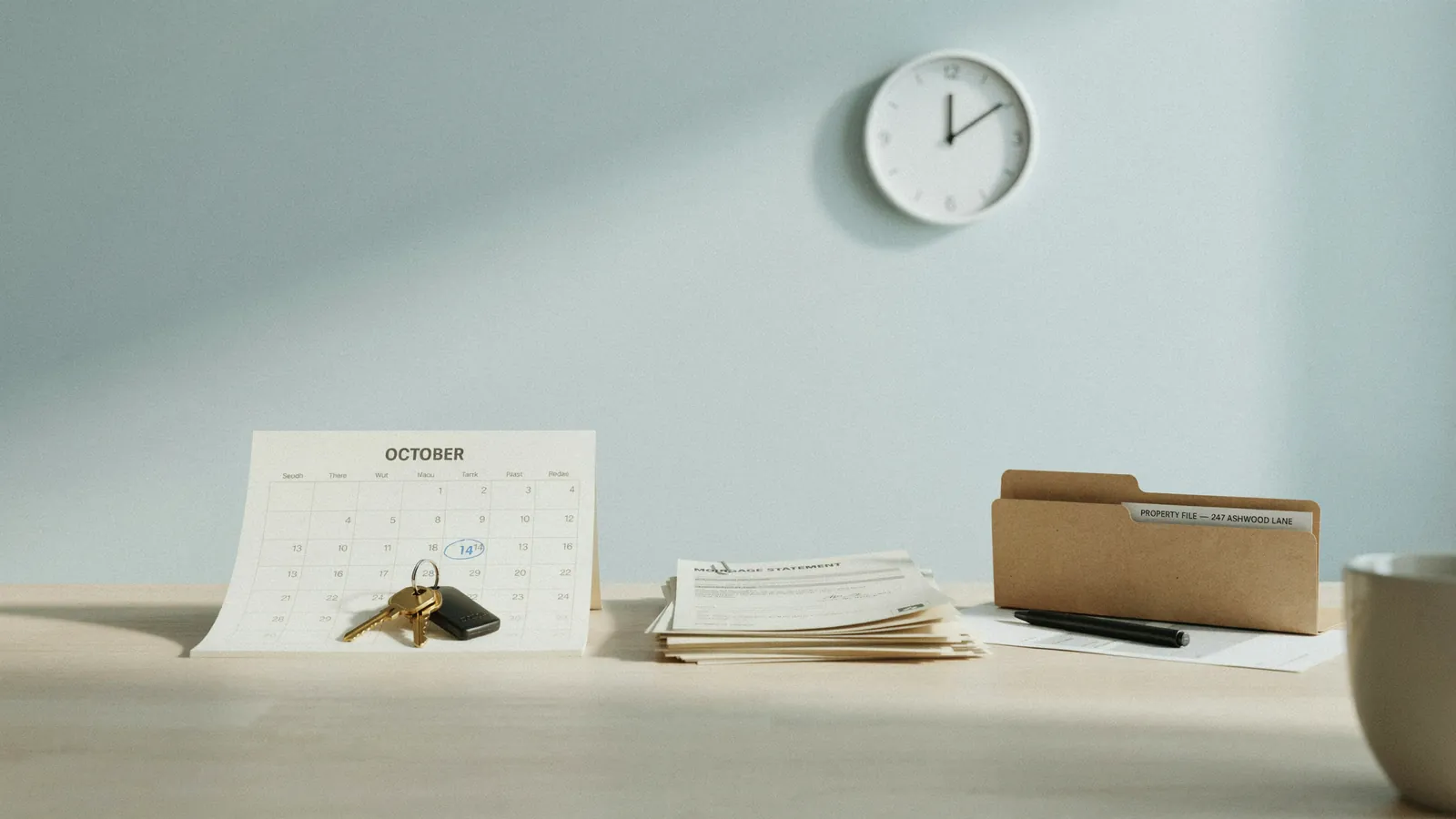 A residential property file open on a desk with calendar pages and a pen, showing how the foreclosure process in Medicine Hat moves stage by stage