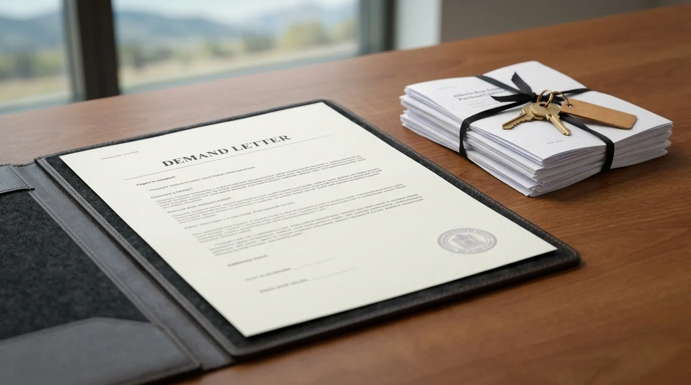Mortgage paperwork and a demand letter on a desk, refinancing to stop foreclosure in Medicine Hat